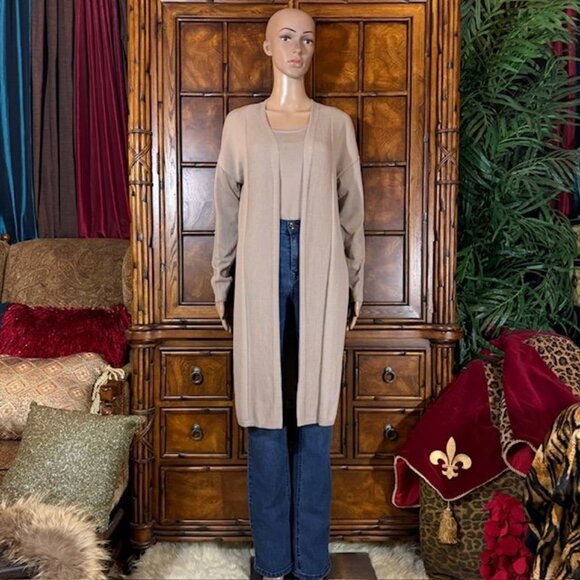 Marla Wynne Taupe Ribbed Inserts High Side Slits Cardigan - Picture 5 of 16